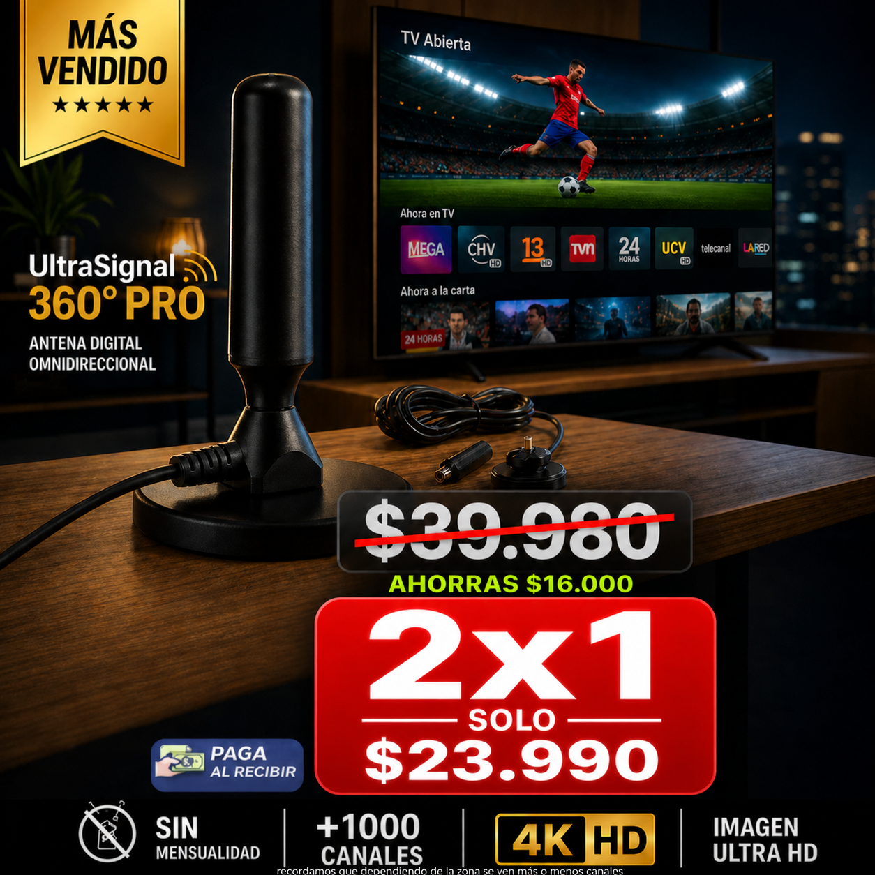 UltraSignal 360° Pro® – Antena TV Digital TDT 4K UHD Élite +1000 Canales