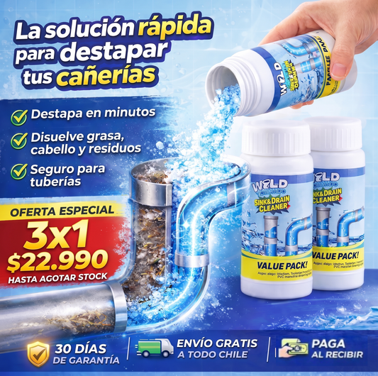 Pack 3x1 Polvo Destapa Cañerías-Fórmula activa que destapa cañerías tapadas